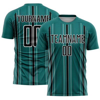 Custom Teal Black-White Stripe Sublimation Soccer Uniform Jersey
