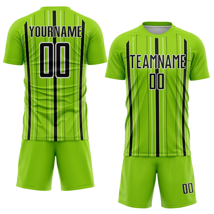 Custom Neon Green Black-White Stripe Sublimation Soccer Uniform Jersey