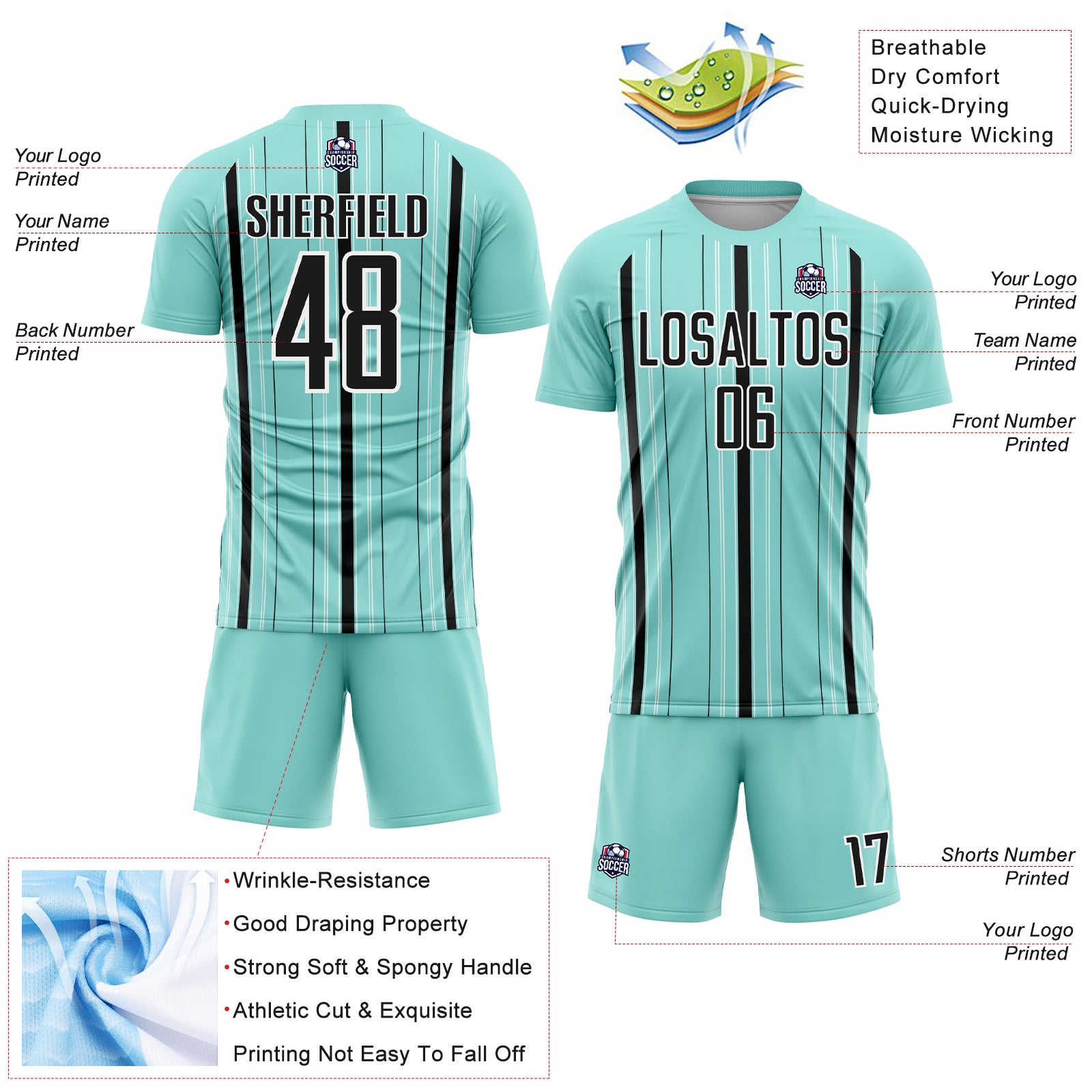 Custom Ice Blue Black-White Stripe Sublimation Soccer Uniform Jersey