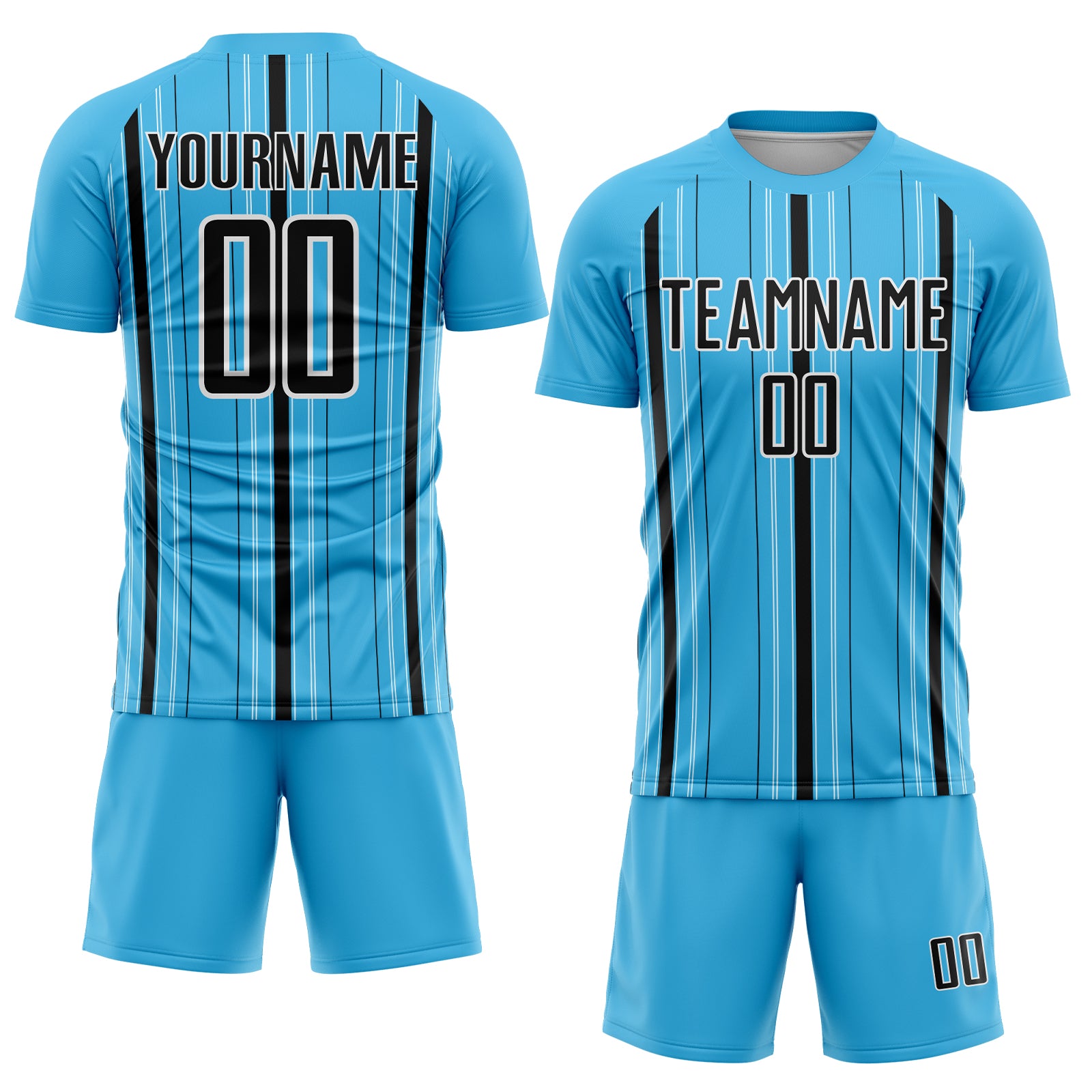 Custom Sky Blue Black-White Stripe Sublimation Soccer Uniform Jersey