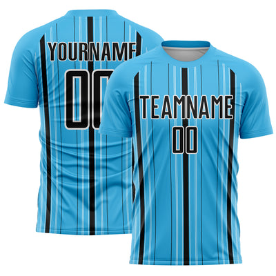 Custom Sky Blue Black-White Stripe Sublimation Soccer Uniform Jersey