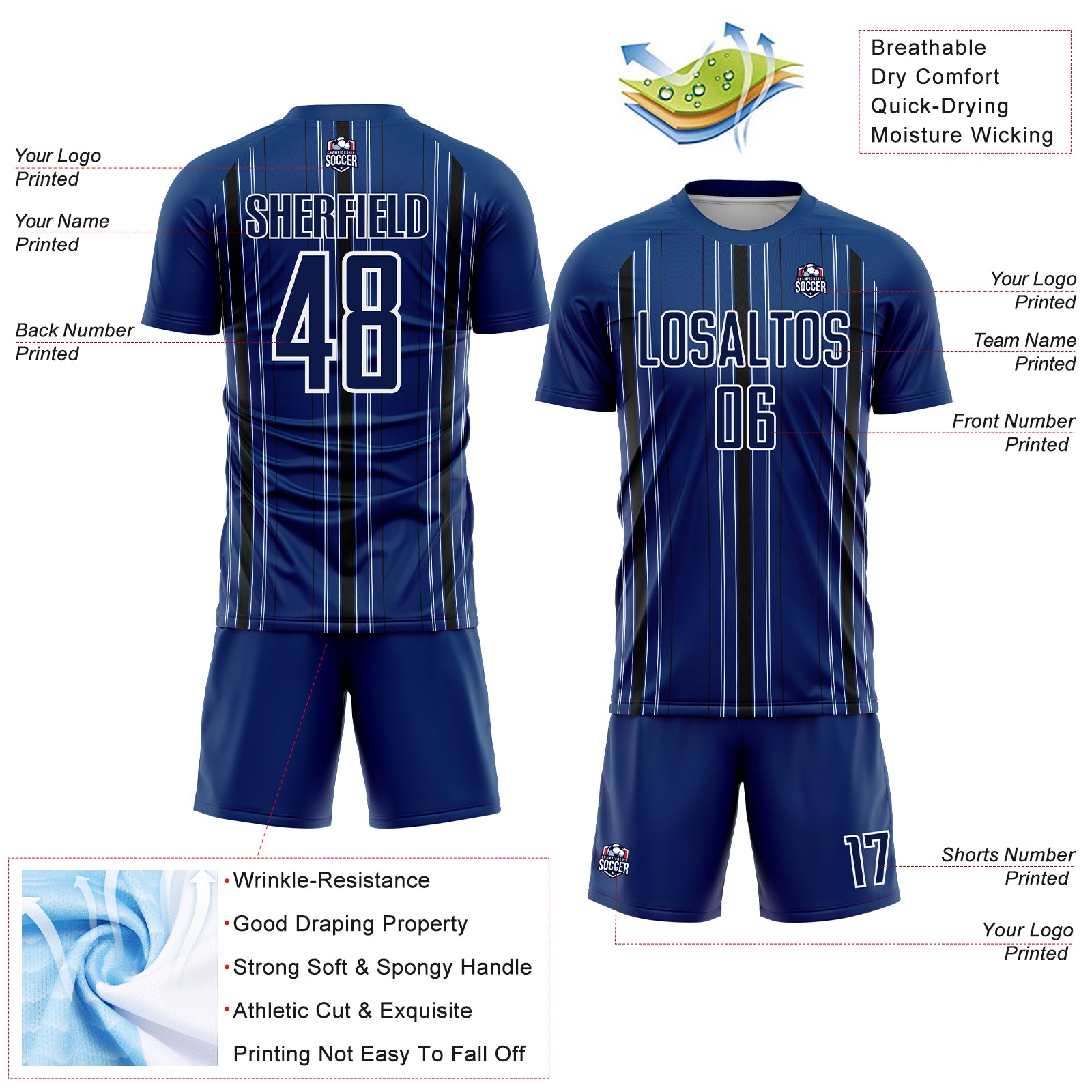 Custom Navy Black-White Stripe Sublimation Soccer Uniform Jersey