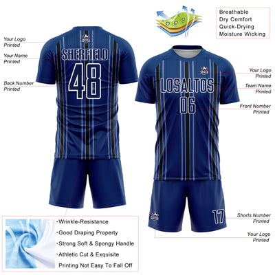 Custom Navy Black-White Stripe Sublimation Soccer Uniform Jersey