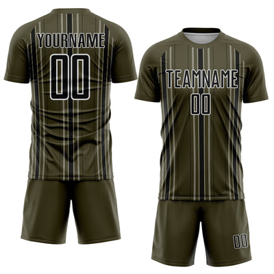 Custom Olive Black-White Stripe Sublimation Salute To Service Soccer Uniform Jersey