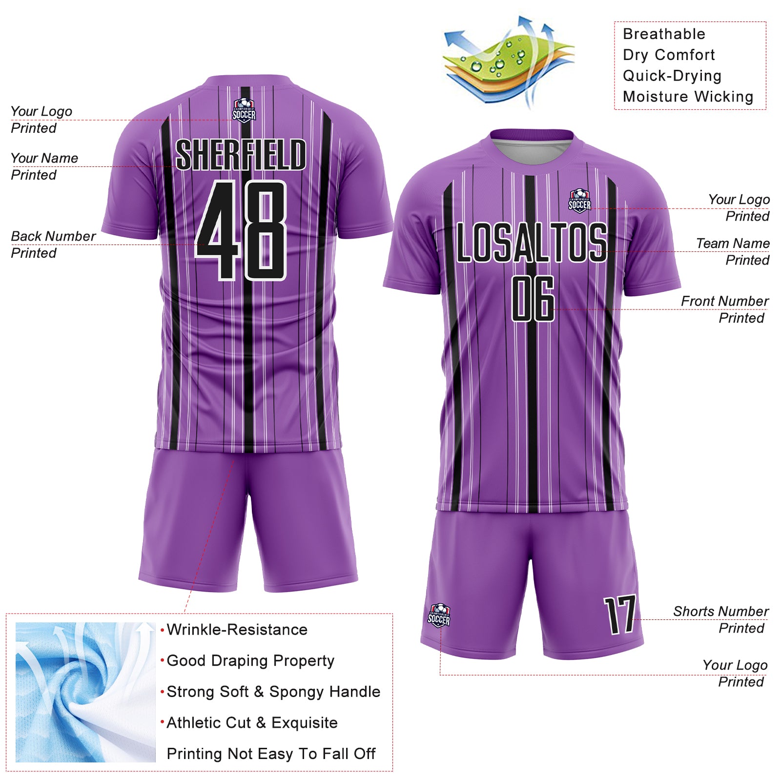 Custom Medium Purple Black-White Stripe Sublimation Soccer Uniform Jersey
