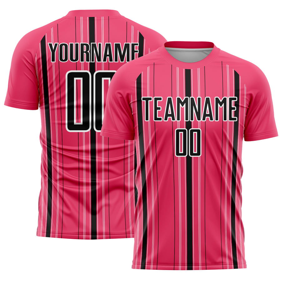 Custom Neon Pink Black-White Stripe Sublimation Soccer Uniform Jersey