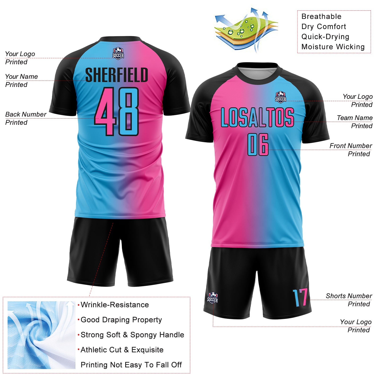 Custom Sky Blue Pink-Black Sublimation Gradient Fashion Soccer Uniform Jersey