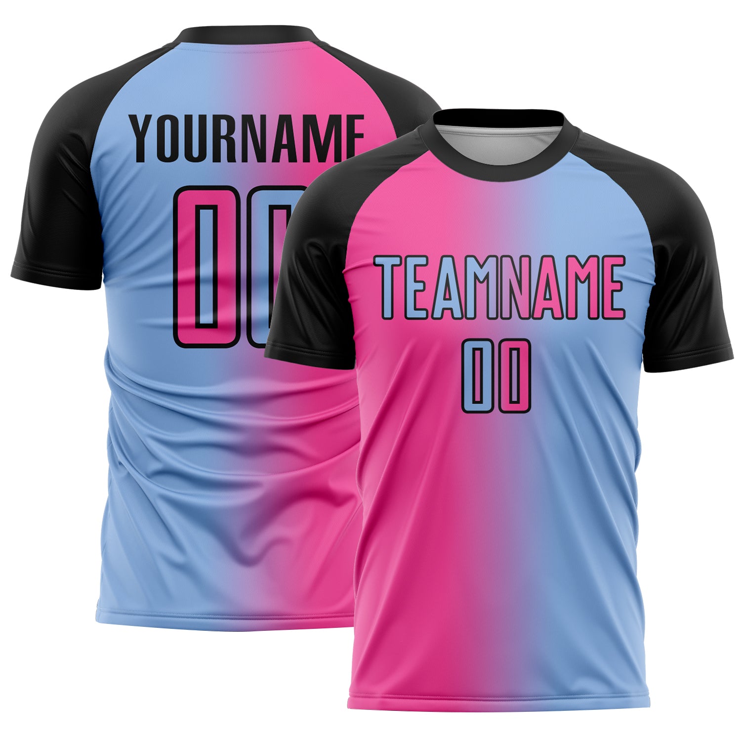 Custom Light Blue Pink-Black Sublimation Gradient Fashion Soccer Uniform Jersey