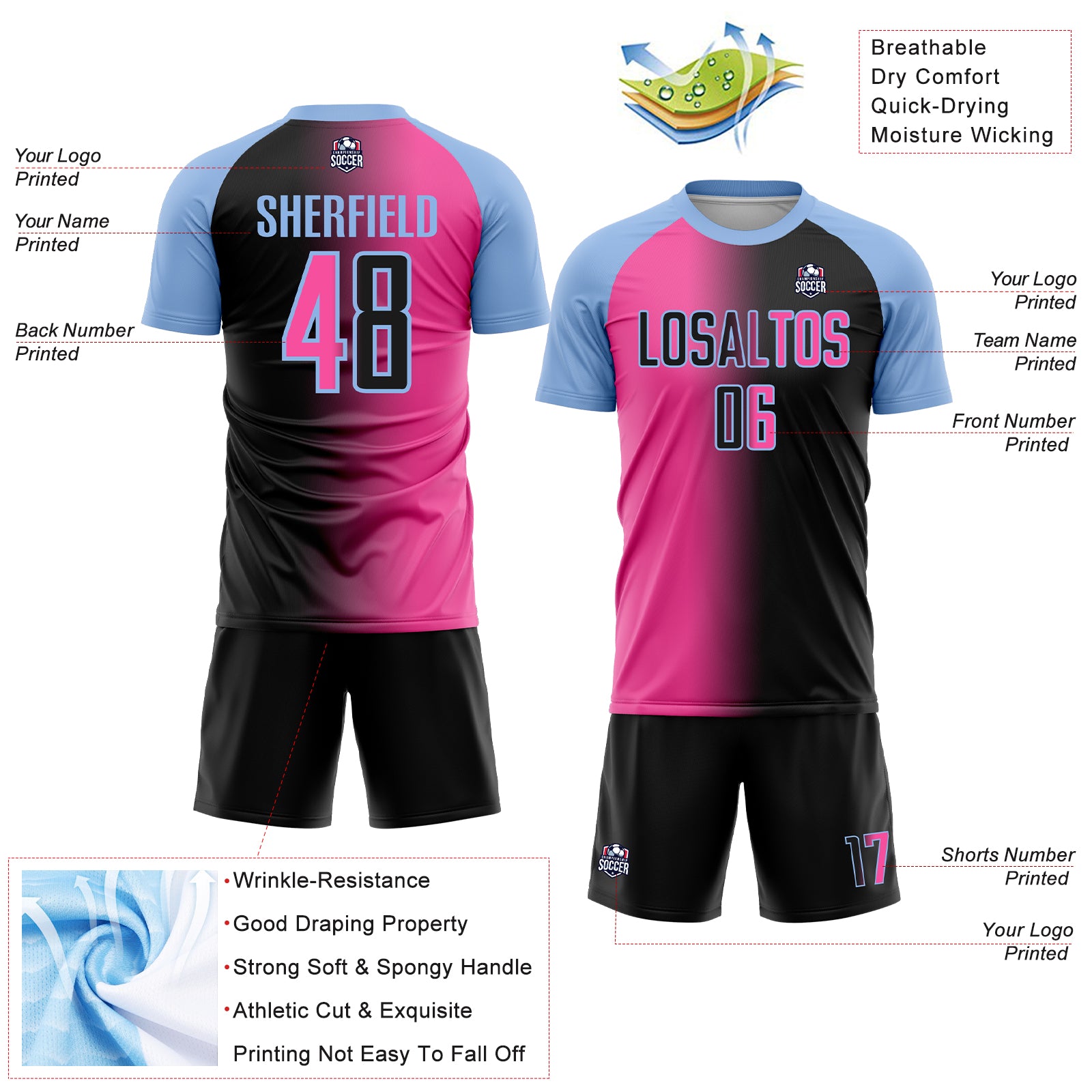 Custom Black Pink-Light Blue Sublimation Gradient Fashion Soccer Uniform Jersey