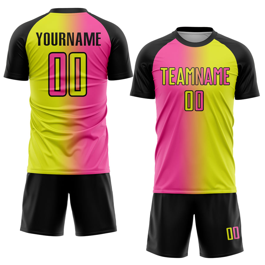 Custom Neon Yellow Pink-Black Sublimation Gradient Fashion Soccer Uniform Jersey