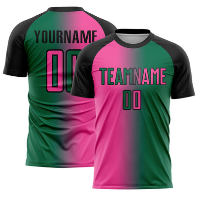 Custom Kelly Green Pink-Black Sublimation Gradient Fashion Soccer Uniform Jersey