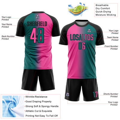 Custom Teal Pink-Black Sublimation Gradient Fashion Soccer Uniform Jersey