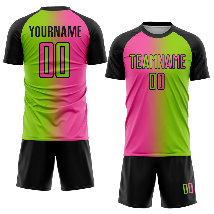Custom Neon Green Pink-Black Sublimation Gradient Fashion Soccer Uniform Jersey