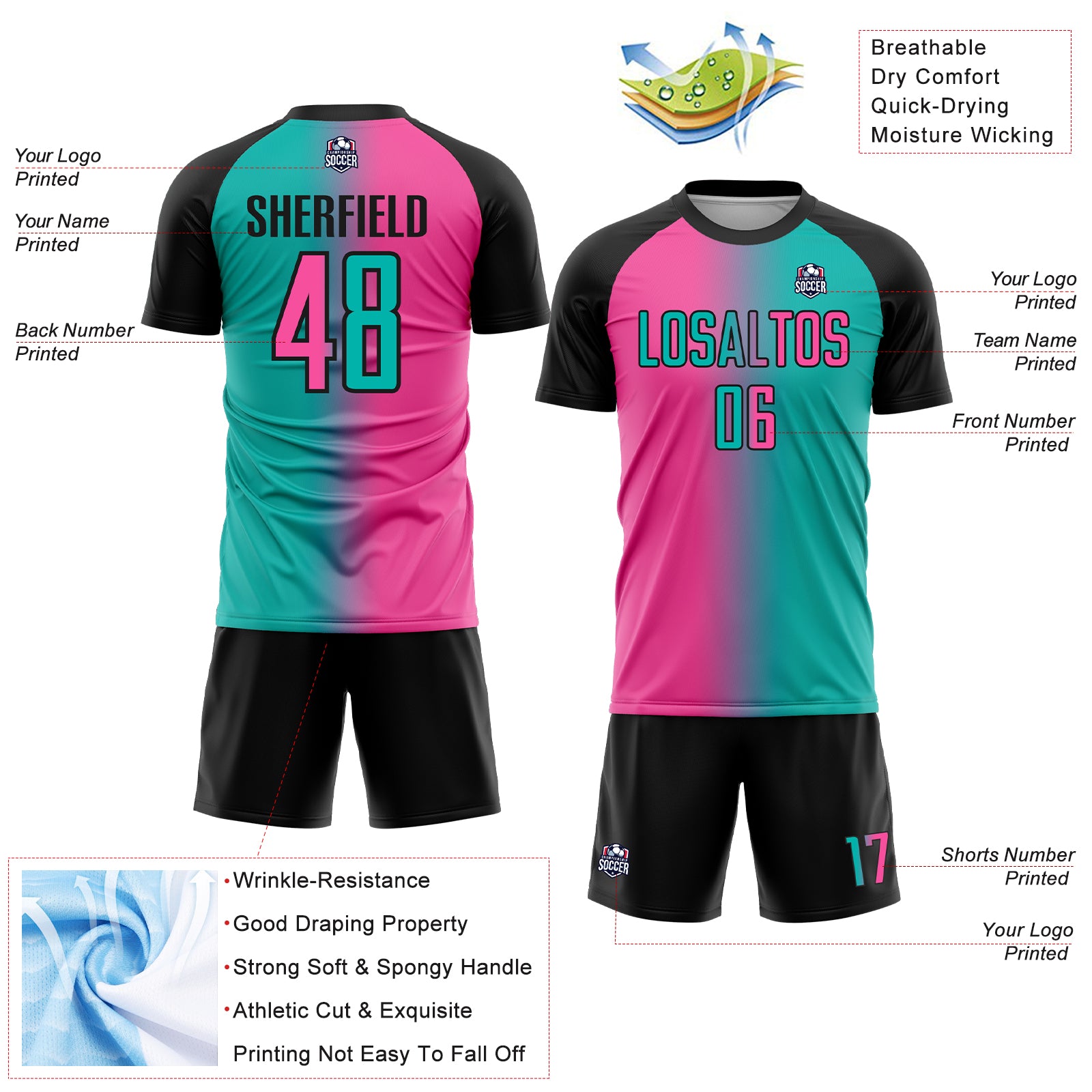 Custom Aqua Pink-Black Sublimation Gradient Fashion Soccer Uniform Jersey