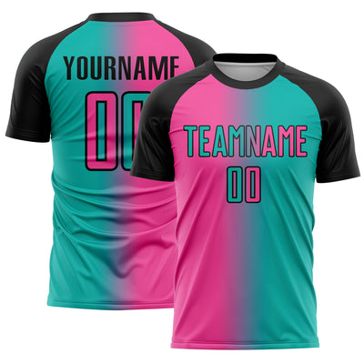 Custom Aqua Pink-Black Sublimation Gradient Fashion Soccer Uniform Jersey