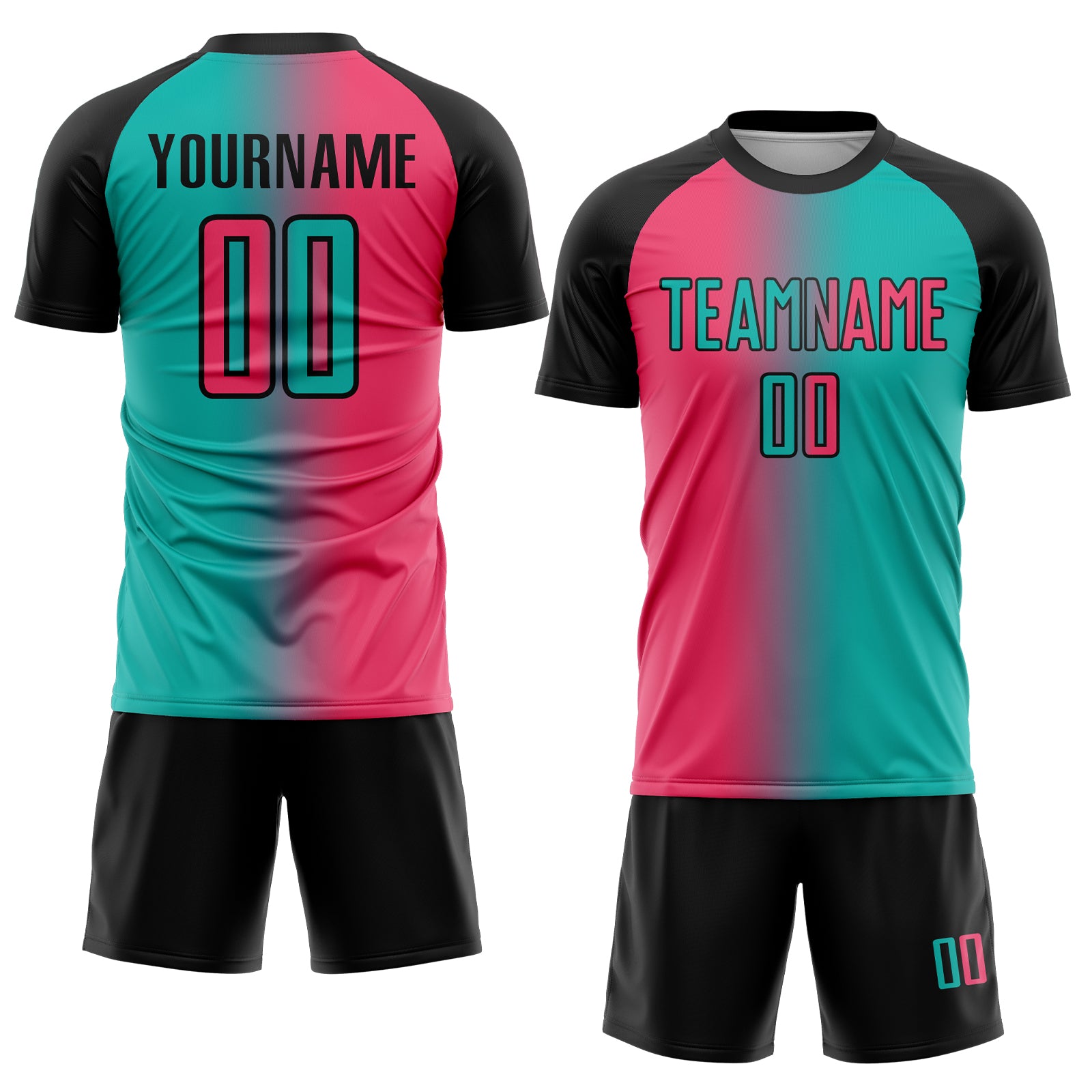 Custom Aqua Neon Pink-Black Sublimation Gradient Fashion Soccer Uniform Jersey