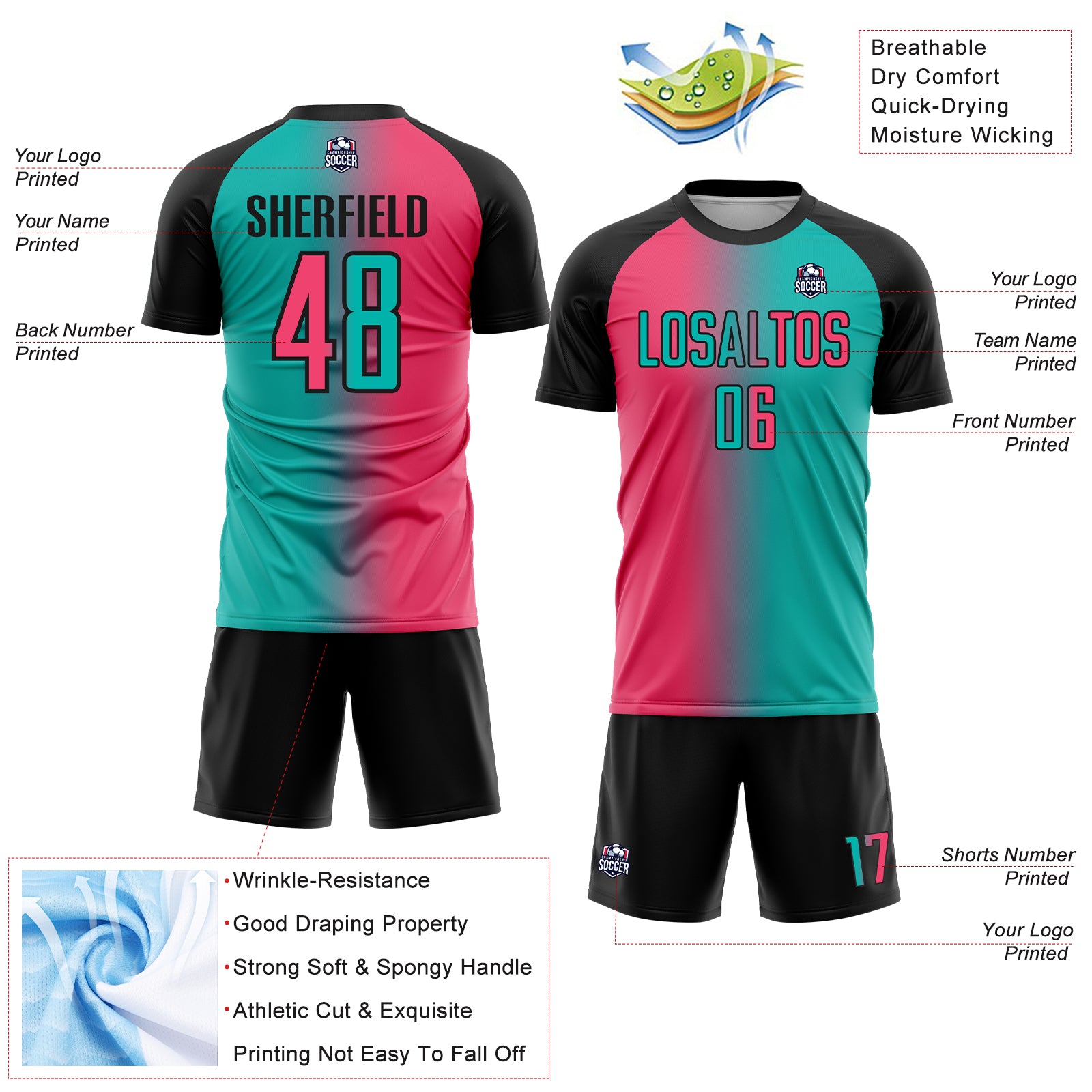 Custom Aqua Neon Pink-Black Sublimation Gradient Fashion Soccer Uniform Jersey