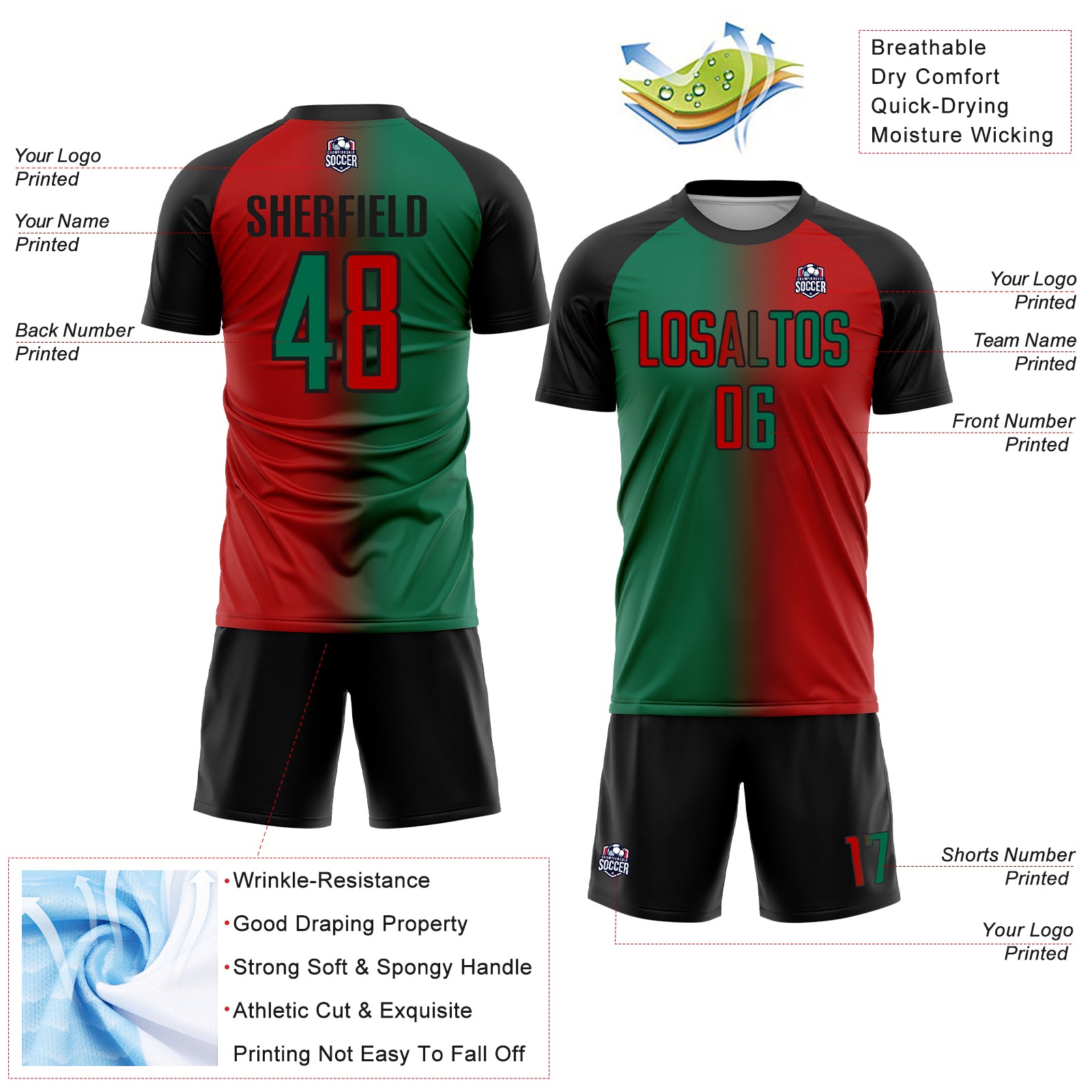 Custom Red Kelly Green-Black Sublimation Gradient Fashion Soccer Uniform Jersey