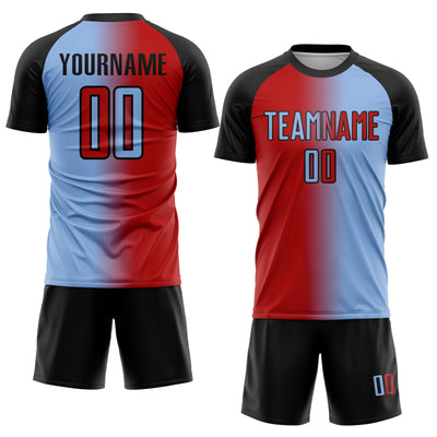 Custom Light Blue Red-Black Sublimation Gradient Fashion Soccer Uniform Jersey