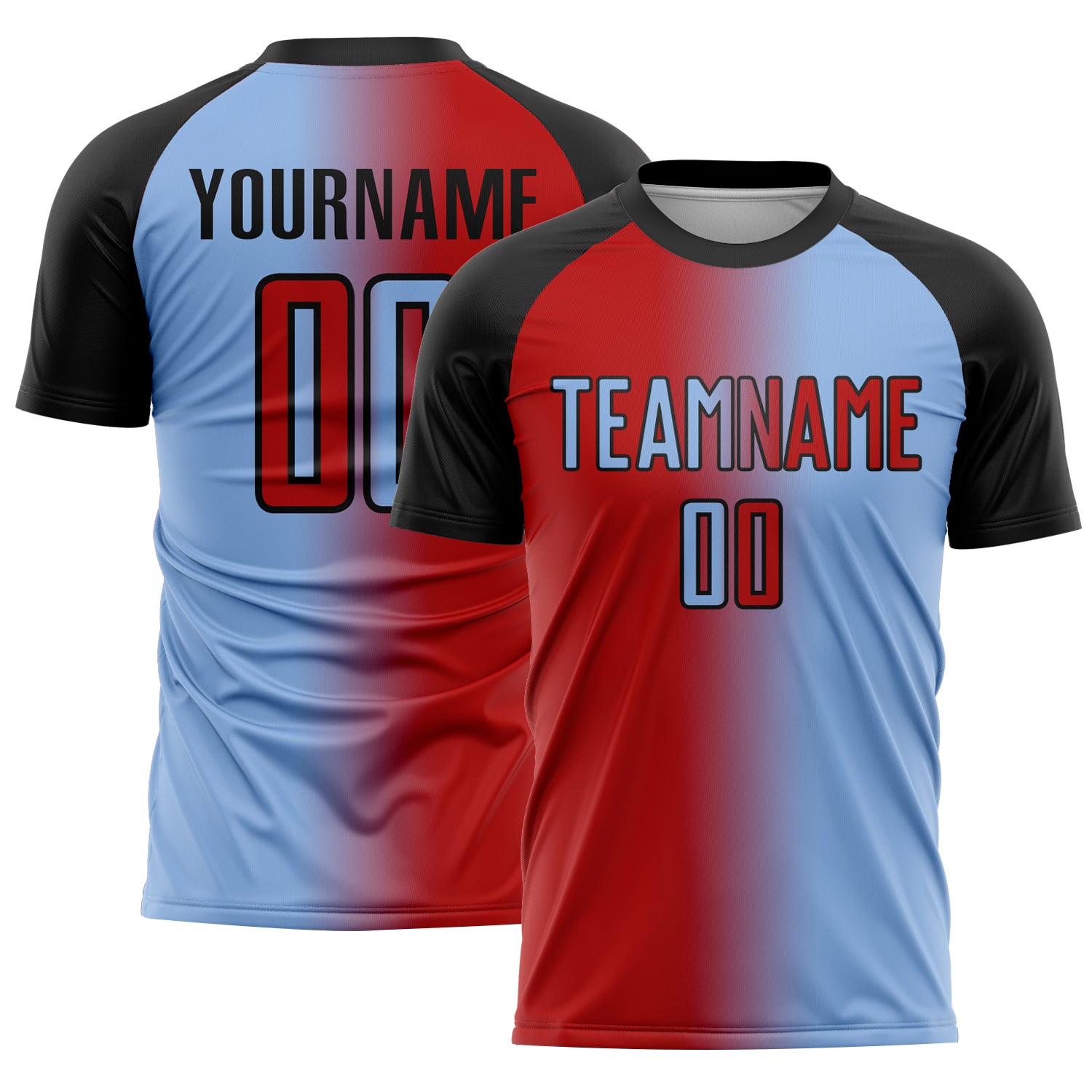 Custom Light Blue Red-Black Sublimation Gradient Fashion Soccer Uniform Jersey