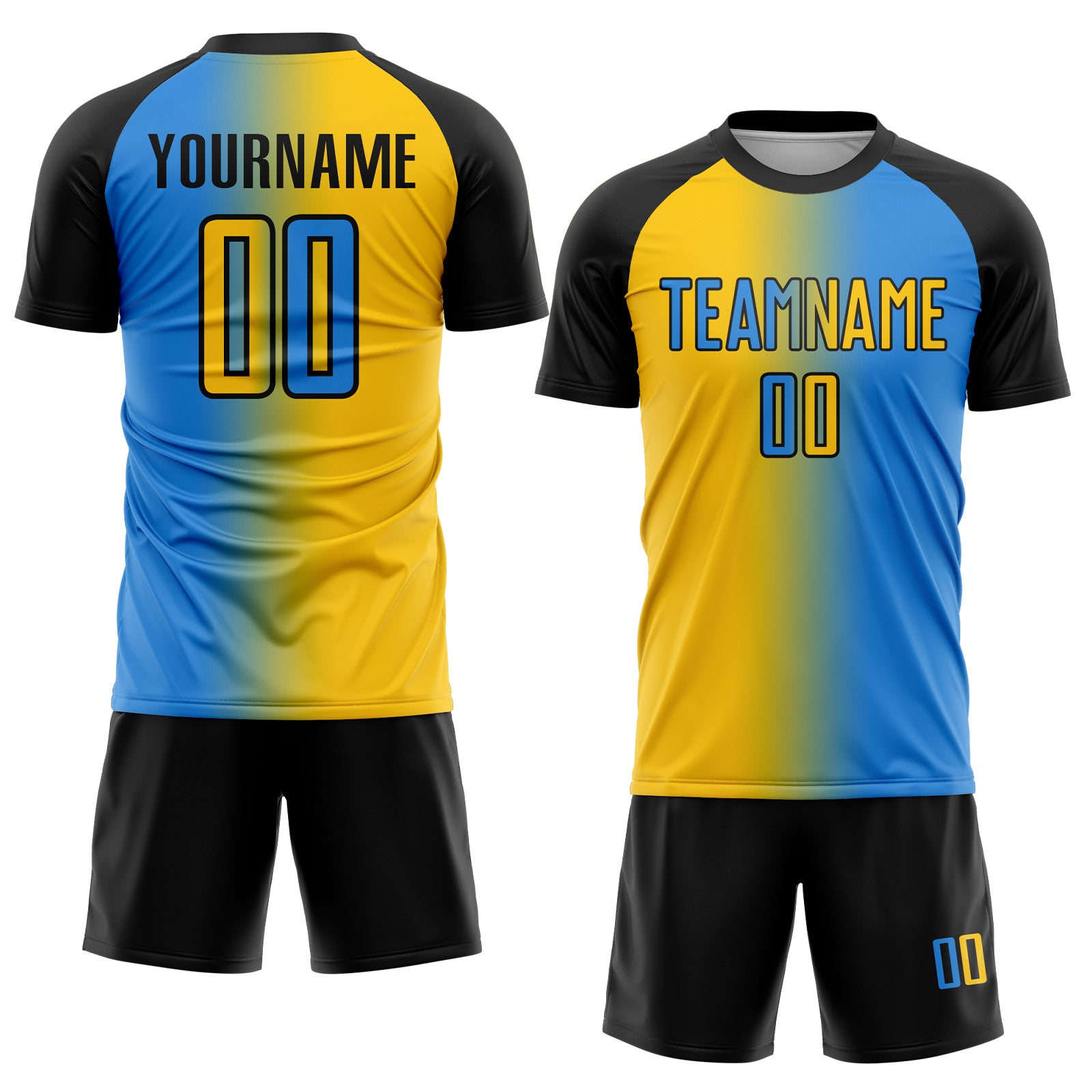 Custom Powder Blue Yellow-Black Sublimation Gradient Fashion Soccer Uniform Jersey