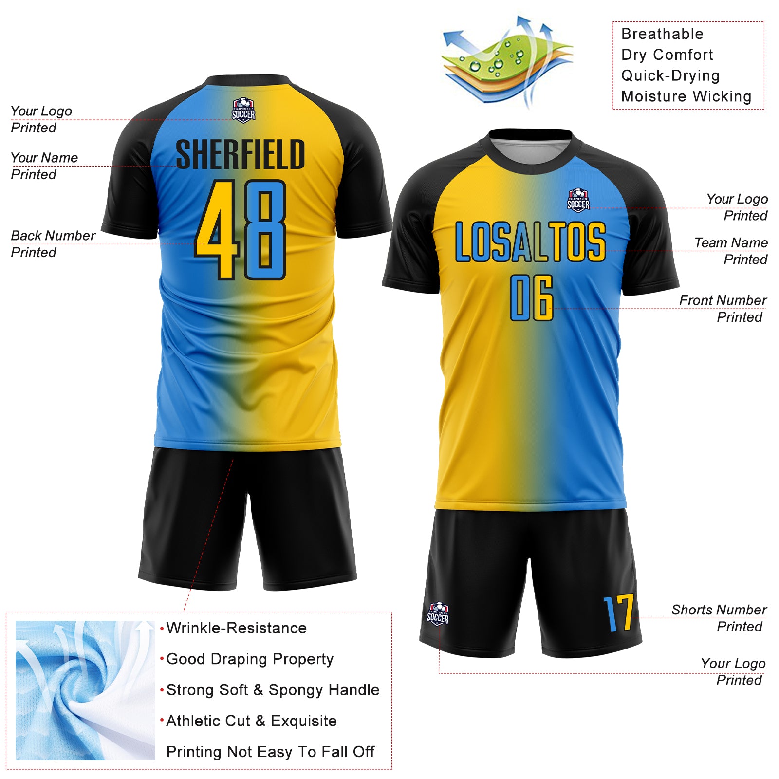 Custom Powder Blue Yellow-Black Sublimation Gradient Fashion Soccer Uniform Jersey