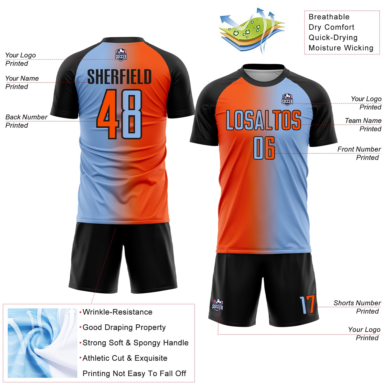 Custom Light Blue Orange-Black Sublimation Gradient Fashion Soccer Uniform Jersey