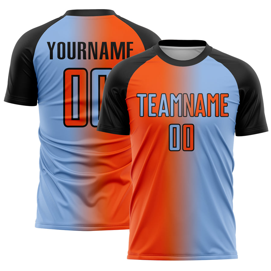 Custom Light Blue Orange-Black Sublimation Gradient Fashion Soccer Uniform Jersey