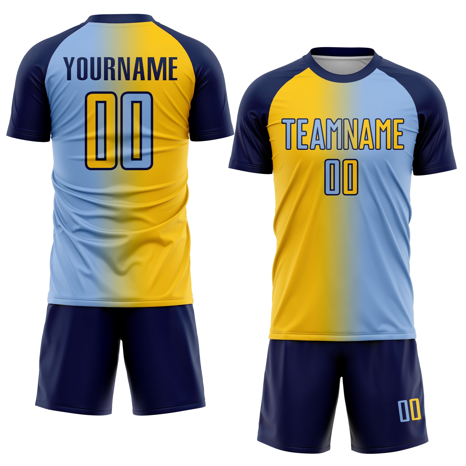 Custom Light Blue Yellow-Navy Sublimation Gradient Fashion Soccer Uniform Jersey