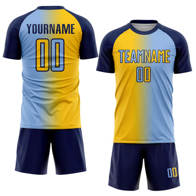Custom Light Blue Yellow-Navy Sublimation Gradient Fashion Soccer Uniform Jersey