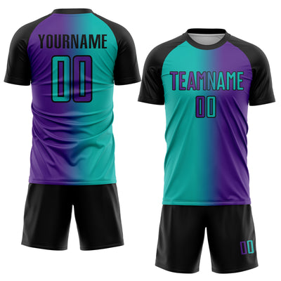 Custom Purple Aqua-Black Sublimation Gradient Fashion Soccer Uniform Jersey