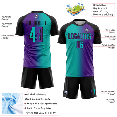 Custom Purple Aqua-Black Sublimation Gradient Fashion Soccer Uniform Jersey