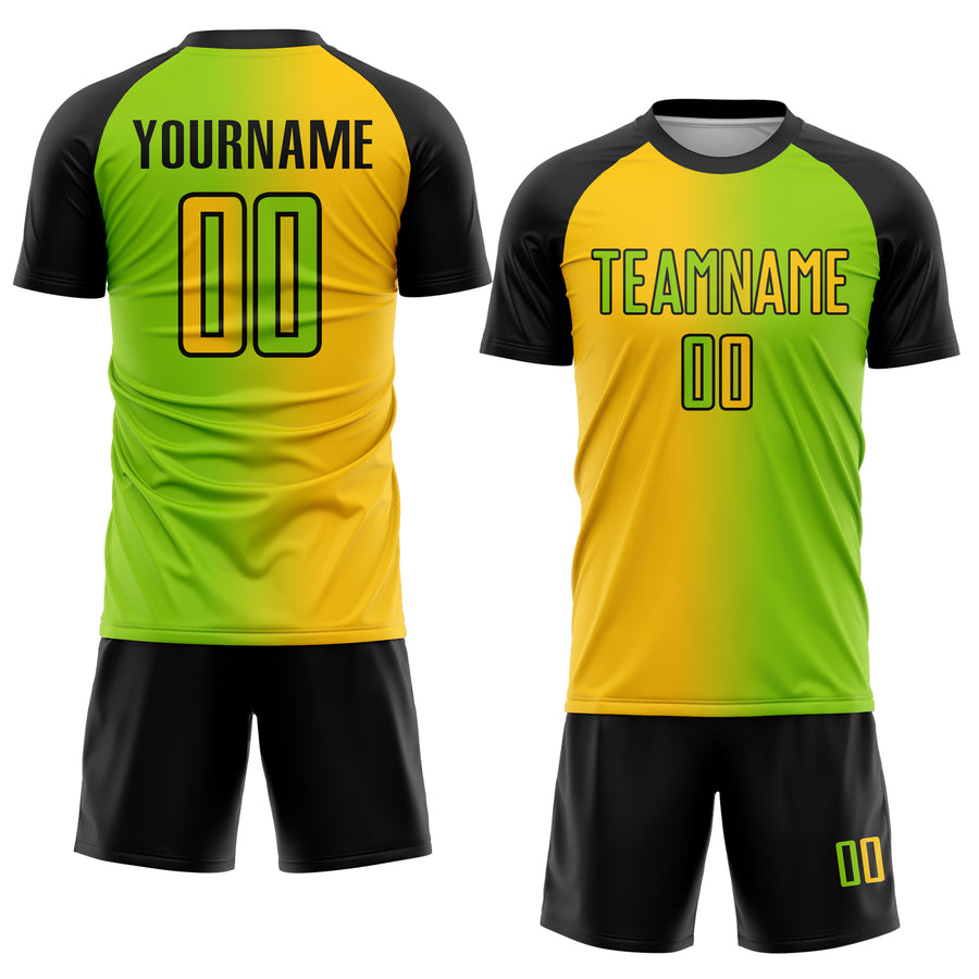 Custom Neon Green Yellow-Black Sublimation Gradient Fashion Soccer Uniform Jersey