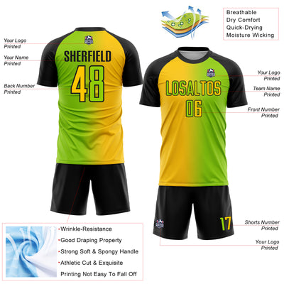 Custom Neon Green Yellow-Black Sublimation Gradient Fashion Soccer Uniform Jersey