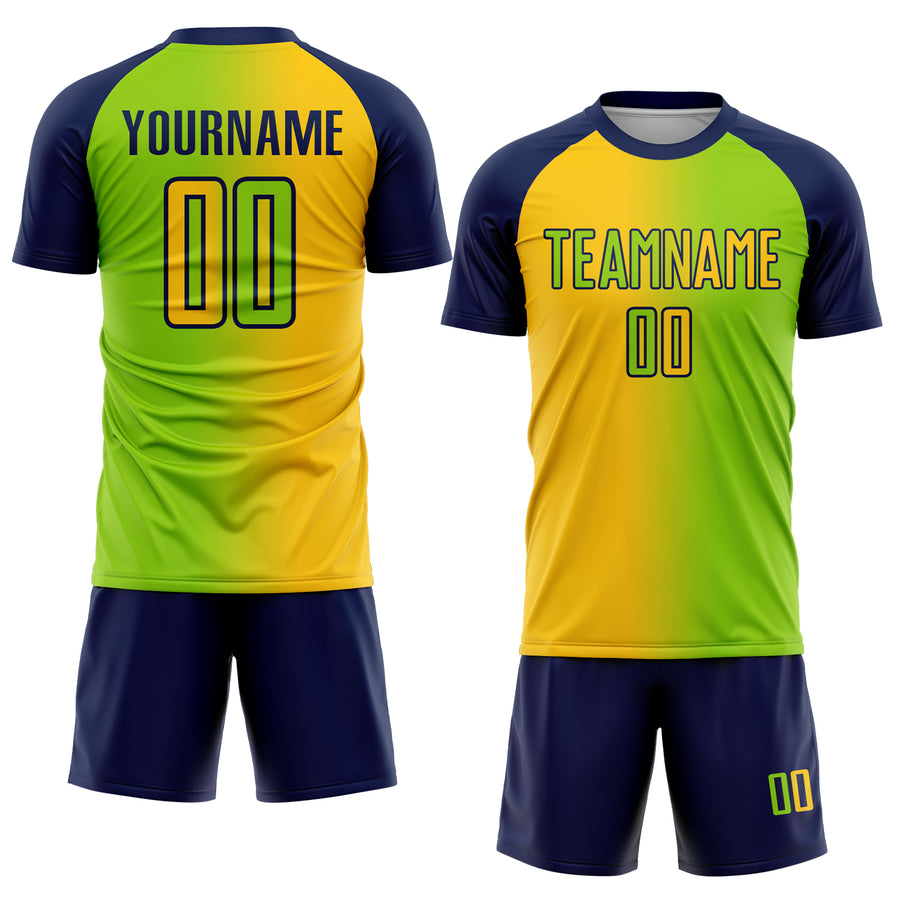 Custom Neon Green Yellow-Navy Sublimation Gradient Fashion Soccer Uniform Jersey