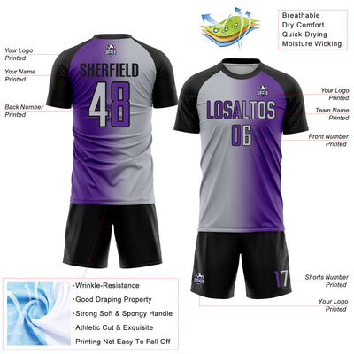 Custom Purple Gray-Black Sublimation Gradient Fashion Soccer Uniform Jersey
