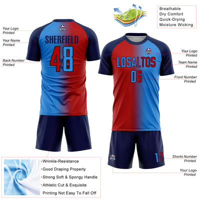 Custom Powder Blue Red-Navy Sublimation Gradient Fashion Soccer Uniform Jersey