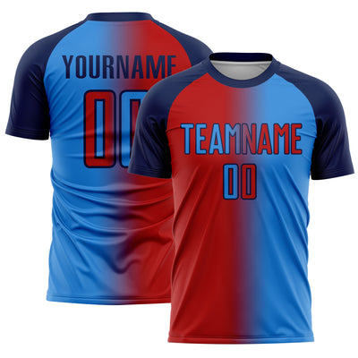 Custom Powder Blue Red-Navy Sublimation Gradient Fashion Soccer Uniform Jersey