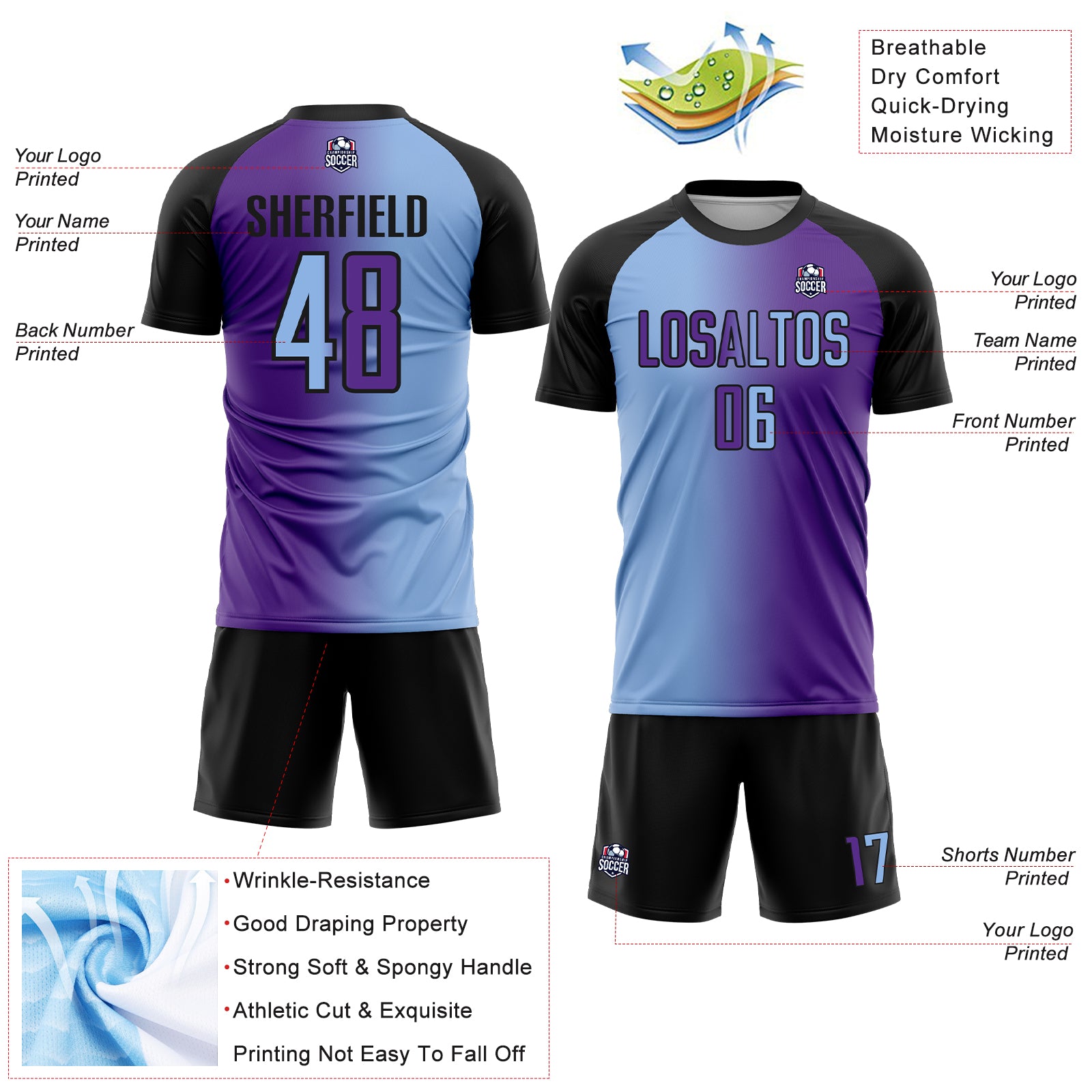 Custom Purple Light Blue-Black Sublimation Gradient Fashion Soccer Uniform Jersey