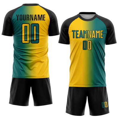 Custom Teal Yellow-Black Sublimation Gradient Fashion Soccer Uniform Jersey