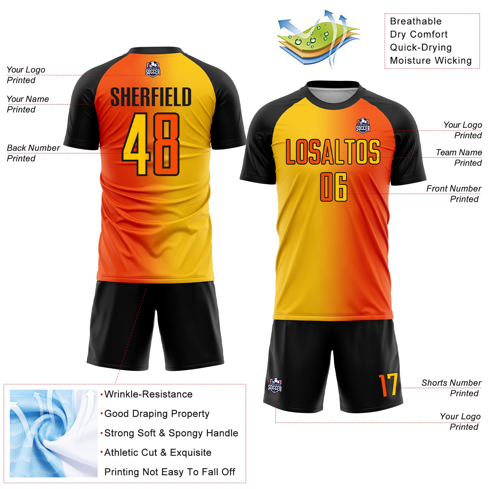 Custom Orange Yellow-Black Sublimation Gradient Fashion Soccer Uniform Jersey