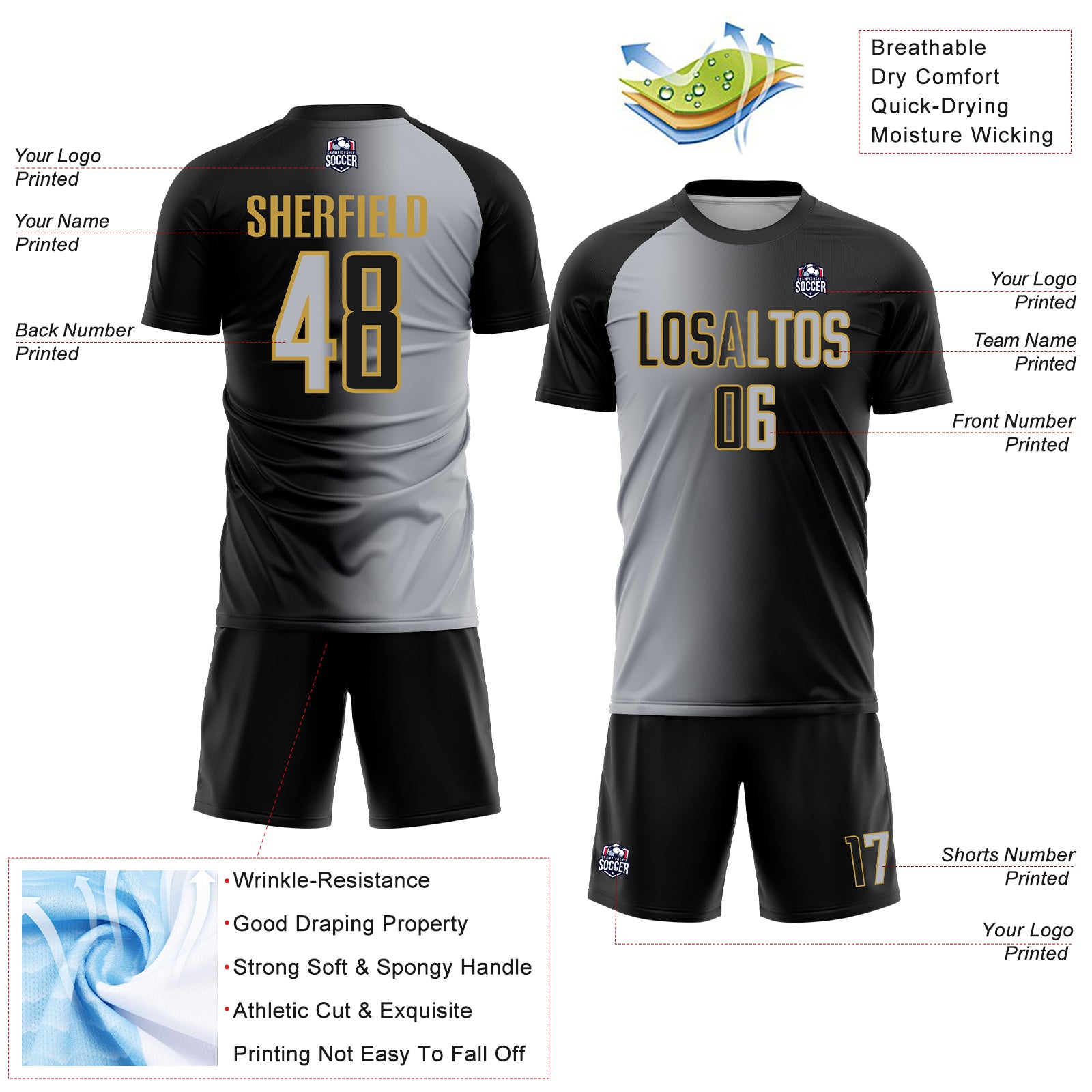 Custom Black Gray-Old Gold Sublimation Gradient Fashion Soccer Uniform Jersey