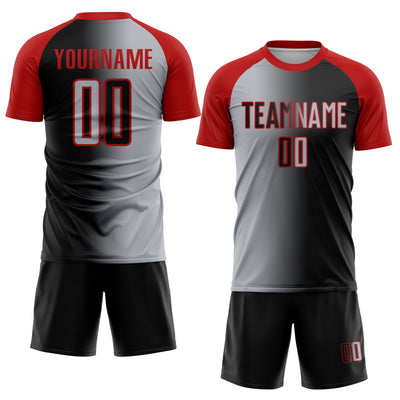 Custom Black Gray-Red Sublimation Gradient Fashion Soccer Uniform Jersey