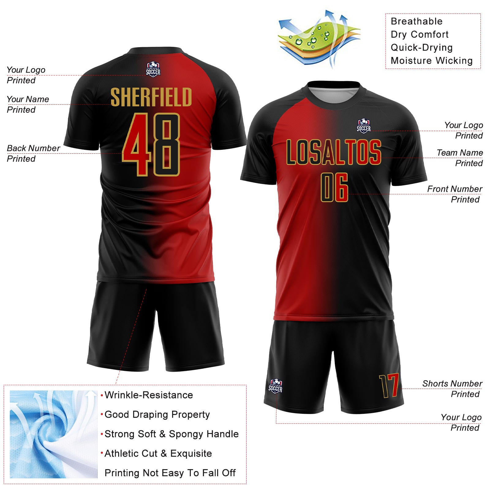 Custom Black Red-Old Gold Sublimation Gradient Fashion Soccer Uniform Jersey