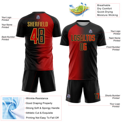 Custom Black Red-Old Gold Sublimation Gradient Fashion Soccer Uniform Jersey