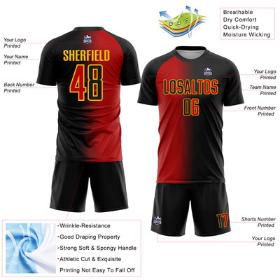 Custom Black Red-Gold Sublimation Gradient Fashion Soccer Uniform Jersey