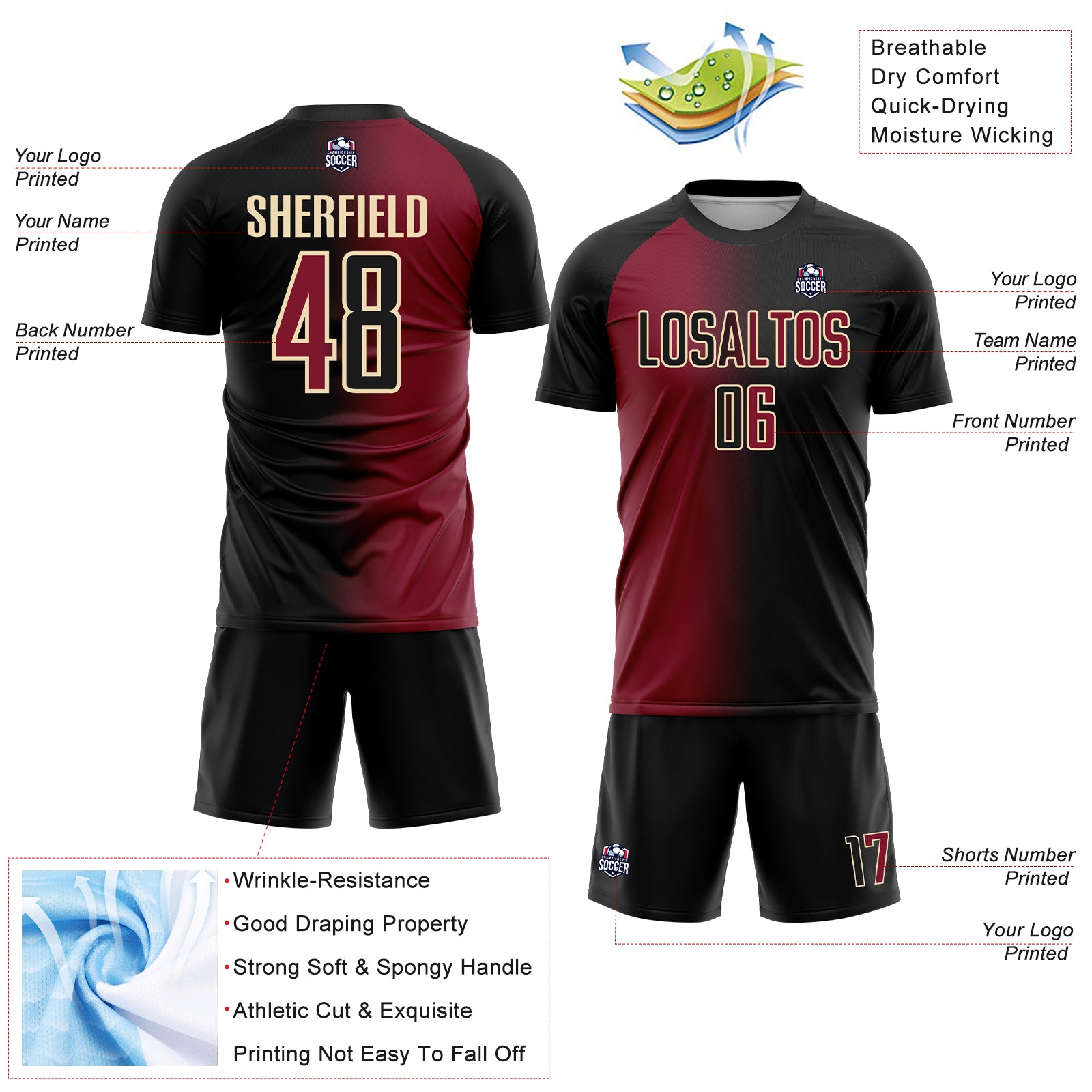 Custom Black Crimson-Cream Sublimation Gradient Fashion Soccer Uniform Jersey