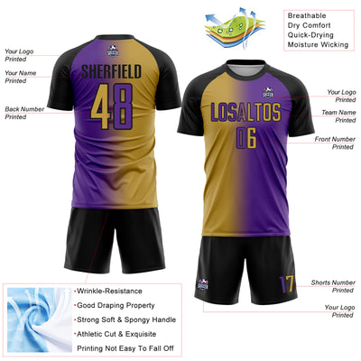 Custom Purple Old Gold-Black Sublimation Gradient Fashion Soccer Uniform Jersey