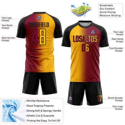 Custom Maroon Gold-Black Sublimation Gradient Fashion Soccer Uniform Jersey