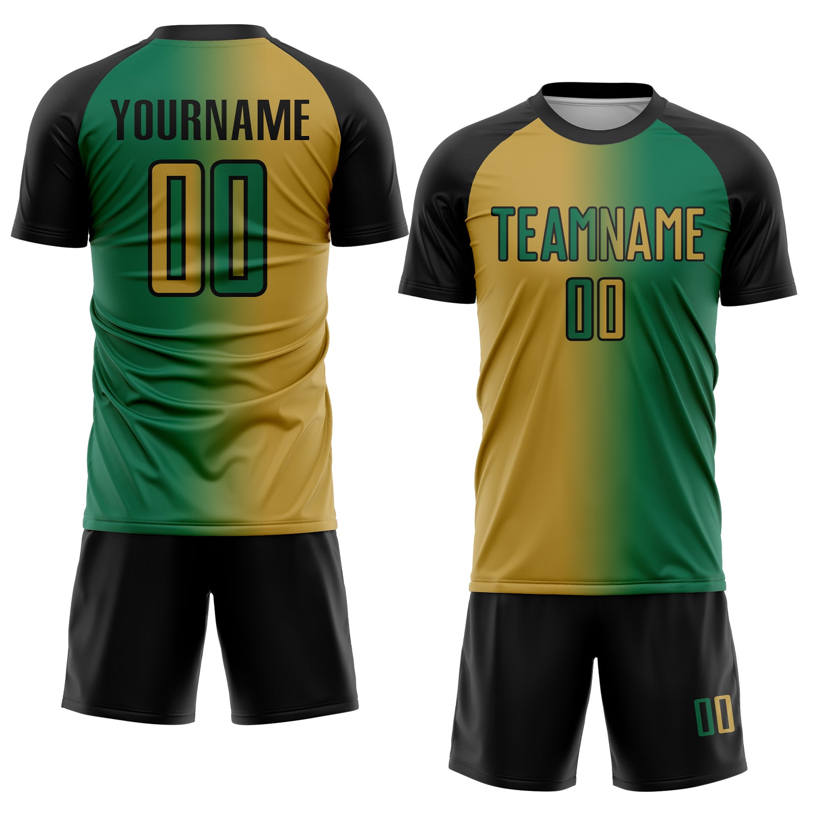 Custom Kelly Green Old Gold-Black Sublimation Gradient Fashion Soccer Uniform Jersey
